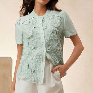 Anewsta Light Green Lace Blouse Short Sleeve Button Front | Size M | NWT
